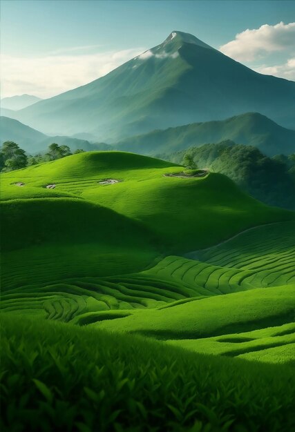 Beautiful green tea field on mountain with blue sky background