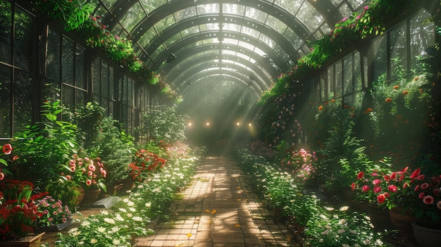 Beautiful greenhouse with flowers and plants