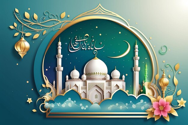 Beautiful greeting card for Eid Mubarak festival with shiny Mosque and Masjid