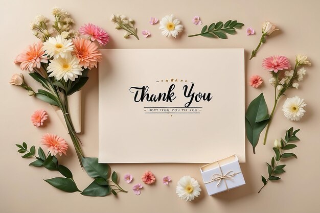 Photo beautiful greeting card with text thank you and flowers on color background