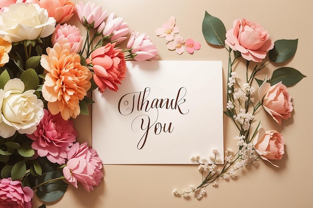 Beautiful greeting card with text Thank You and flowers on color background