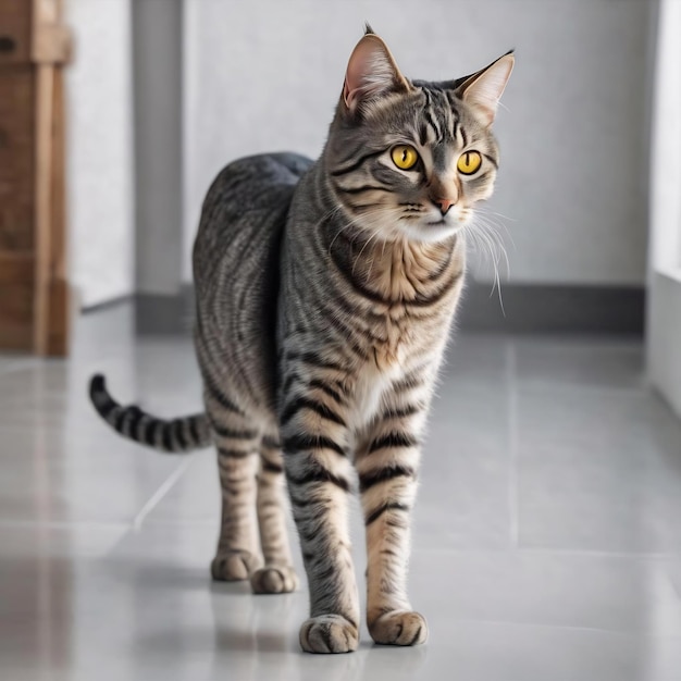 Beautiful grey tabby cat with yellow eyes stands on white floor