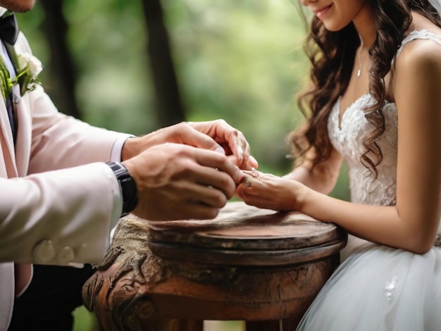 Красивый жених и невеста полное тело жених надевает кольцо на невесты палец природы фона