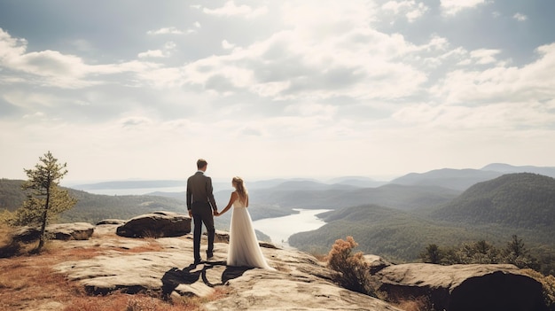 Foto il bellissimo sposo e la sposa sulla montagna generati dall'ai