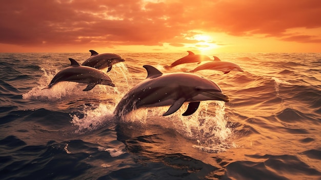 Photo beautiful group of dolphins jumping out of sea