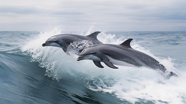 写真 海から飛び出している美しいイルカの群れ