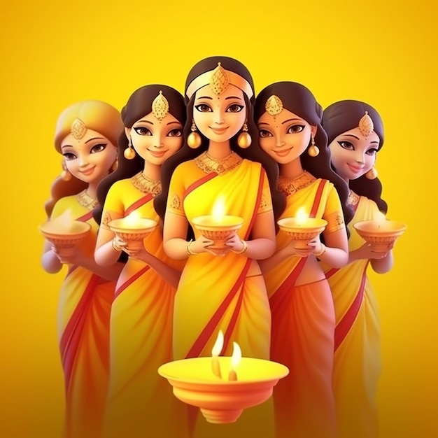 beautiful group of women in saree holding Diwali oil lamp cartoon vector illustration