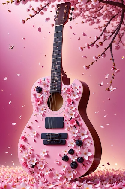 Photo a beautiful guitar adorned with flowers sakura in this stunning perfect for music or flowerrelated