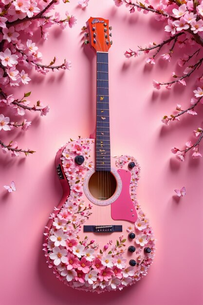 A beautiful guitar adorned with flowers sakura in this stunning perfect for music or flowerrelated