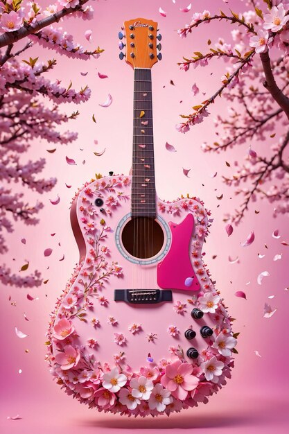 A beautiful guitar adorned with flowers sakura in this stunning perfect for music or flowerrelated