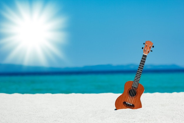 ギリシャの海沿いの砂の上にある美しいギター