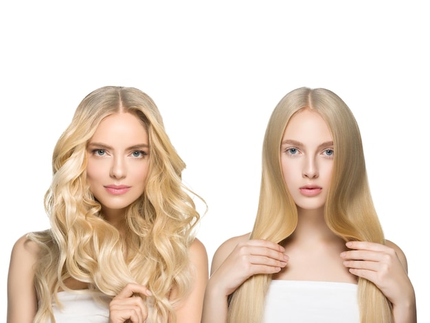 Bei capelli biondi lisci e ricci donne concetto di bellezza donna con acconciatura lunga colore diverso e moda isolato su bianco. colpo dello studio.