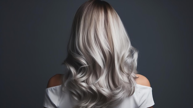 Beautiful hairstyle of a woman after dyeing hair and making highlights isolated on a grey background