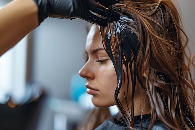 Foto bella acconciatura di una giovane donna dopo aver tinto i capelli e fatto i highlights in un parrucchiere