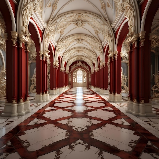 Фото Красивый коридор с красными стенами и полом.