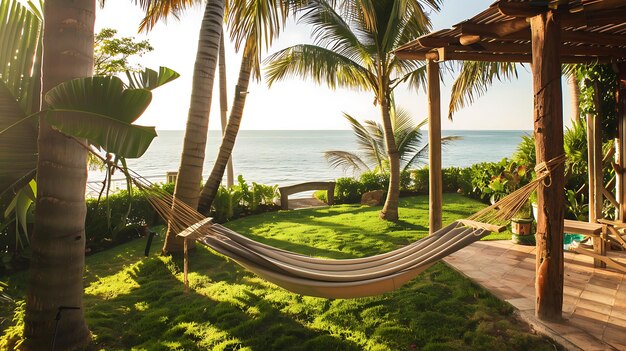 Photo a beautiful hammock hangs between two palm trees on a tropical beach