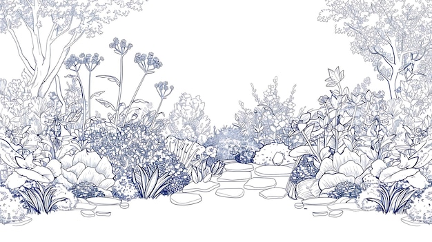 A beautiful hand drawn vector illustration of a garden with various plants and flowers