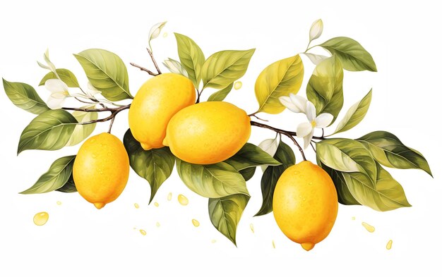 Photo beautiful hand drawn watercolor lemon fruits with leaves and branch on a white background