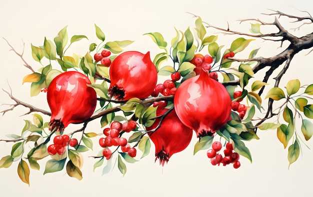 Beautiful hand drawn watercolor pomegranate fruits with leaves and branches on a white background