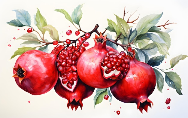 Beautiful hand drawn watercolor pomegranate fruits with leaves and branches on a white background