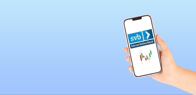 オリジナルの画面にSVBシリコンバレー銀行のロゴが描かれた携帯電話を持った美しい手