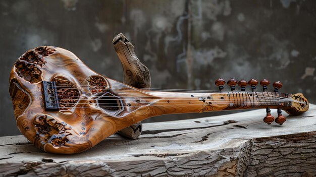 Foto una bellissima chitarra in legno fatta a mano si trova su un tavolo in legno la chitarra è fatta di un singolo pezzo di legno e ha una forma naturale unica