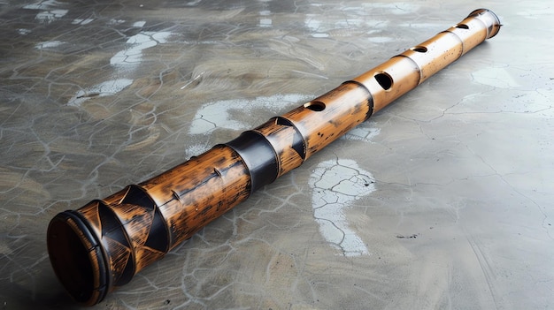 Foto un bellissimo flauto di bambù fatto a mano giace su una superficie di cemento texturato