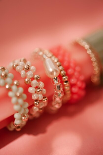 Beautiful handmade jewellery with colorful beads with flower shape in macro closeup