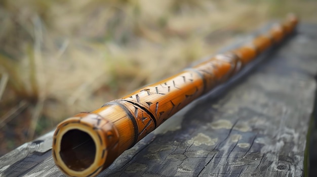 A beautiful handmade wooden flute with intricate carvings lies on a wooden surface The flute is made of bamboo and has a rich warm tone