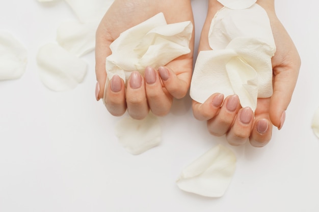 Beautiful hands with manicure and white rose petals