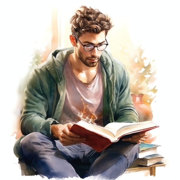 beautiful a handsome male model bookworm reading a book watercolor clipart illustration