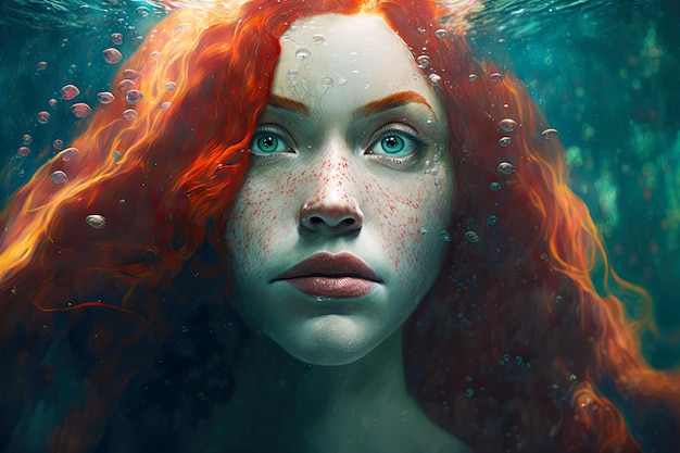 Beautiful handsome mermaid with red hair under water at depth