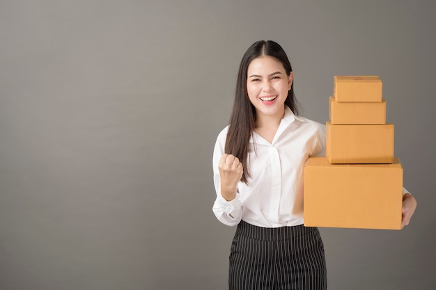 Beautiful happiness  woman with box portrait  