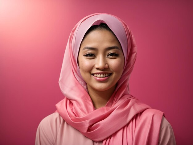 Beautiful and happy bright young asian muslim woman on pink isolated background