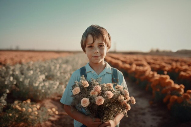 사진 아름답고 행복한 아이가 사막 개념 사진에서 꽃을 발견했습니다. 생성 ai