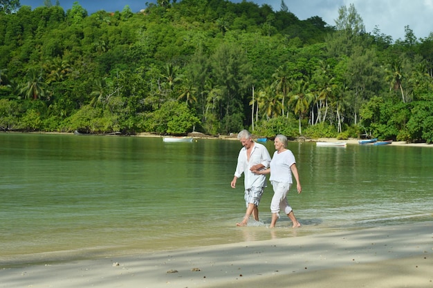 美しい幸せな老夫婦は熱帯のリゾートで休む