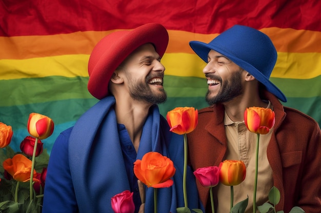 A beautiful happy gay couple with rainbow colors in a flower field lgbtq pride month wallpaper photo