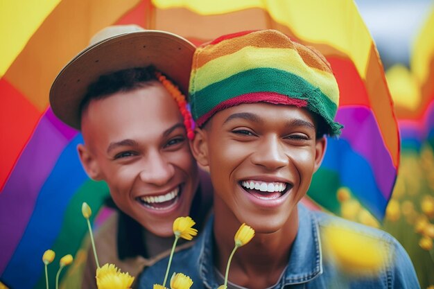 A beautiful happy gay couple with rainbow colors in a flower field lgbtq pride month wallpaper