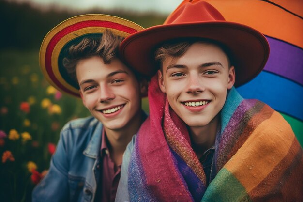 A beautiful happy gay couple with rainbow colors in a flower field LGBTQ Pride Month