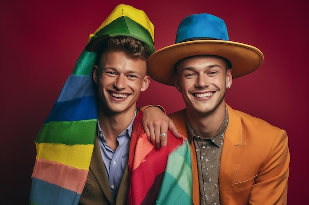 Foto una bella coppia gay felice con i colori dell'arcobaleno in un campo di fiori lgbtq pride month