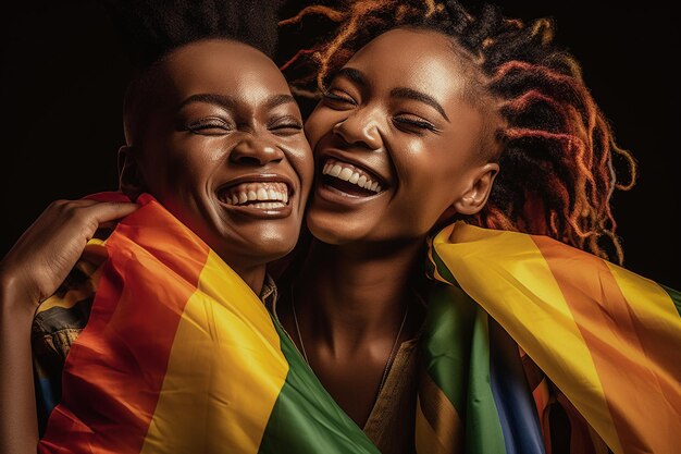 Photo a beautiful and happy gay lesbian couple with rainbow colors flag lgbtq pride month wallpaper