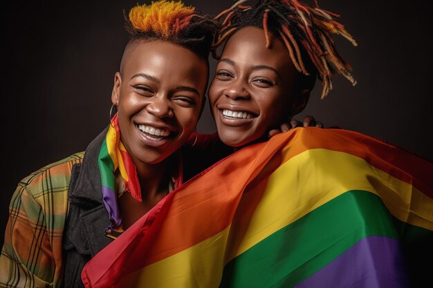 Photo a beautiful and happy gay lesbian couple with rainbow colors flag lgbtq pride month wallpaper