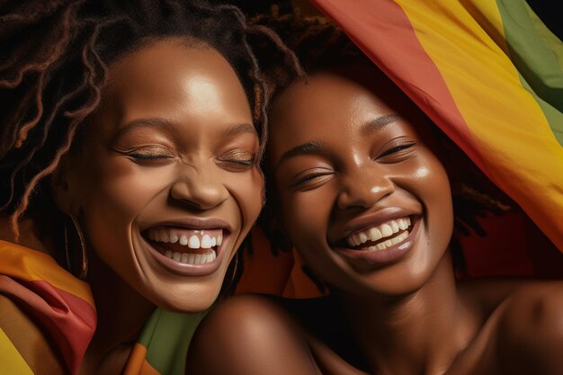 A beautiful and happy gay lesbian couple with rainbow colors flag LGBTQ Pride Month Wallpaper