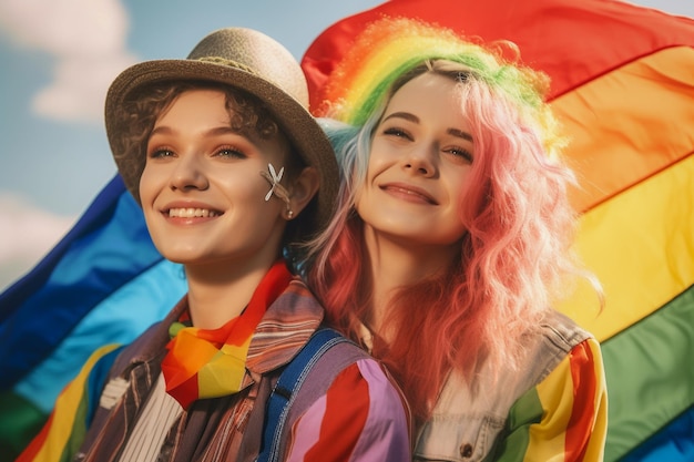 Foto una bella coppia lesbica gay felice con i colori dell'arcobaleno in un campo di fiori lgbtq pride month