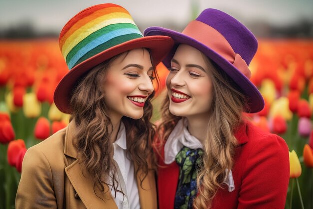 Foto una bella coppia lesbica gay felice con i colori dell'arcobaleno in un campo di fiori lgbtq pride month