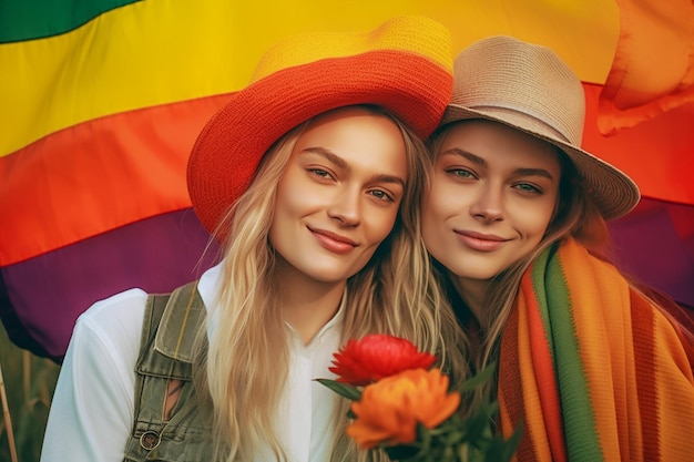 Красивая счастливая гей-лесбиянка с цветами радуги в цветочном поле Месяц гордости ЛГБТК