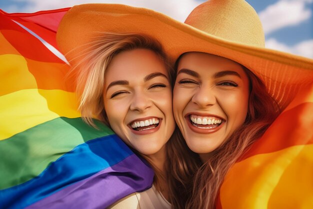 A beautiful happy gay lesbian couple with rainbow colors in a flower field lgbtq pride month