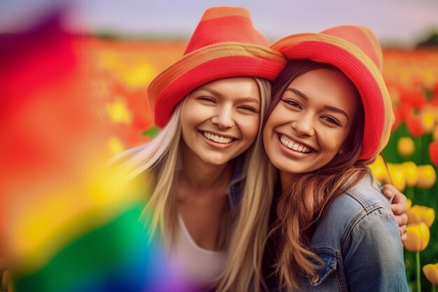 Foto una bella coppia lesbica gay felice con i colori dell'arcobaleno in un campo di fiori lgbtq pride month