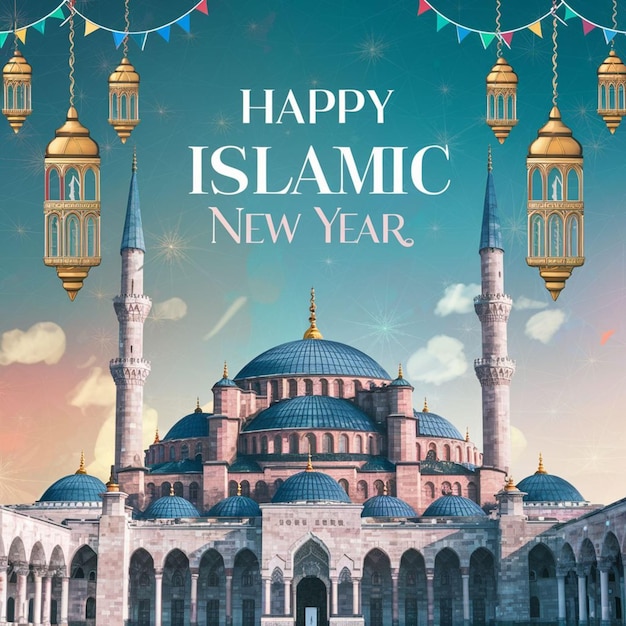 하늘과 모스크 배경으로 아름다운 이슬람 신년 축하