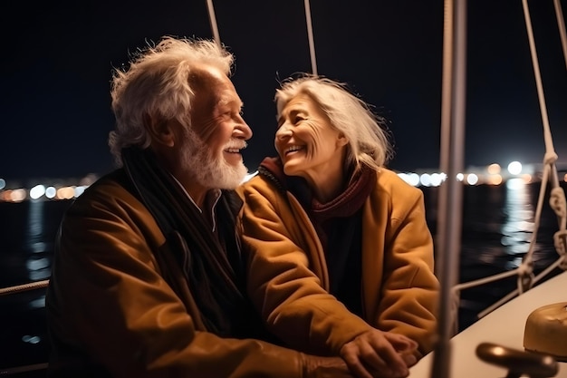 夜のヨットに乗る美しく幸せな白人の老夫婦 2023 年 5 月に生成されたニューラル ネットワーク 実際の人物のシーンやパターンに基づいていない